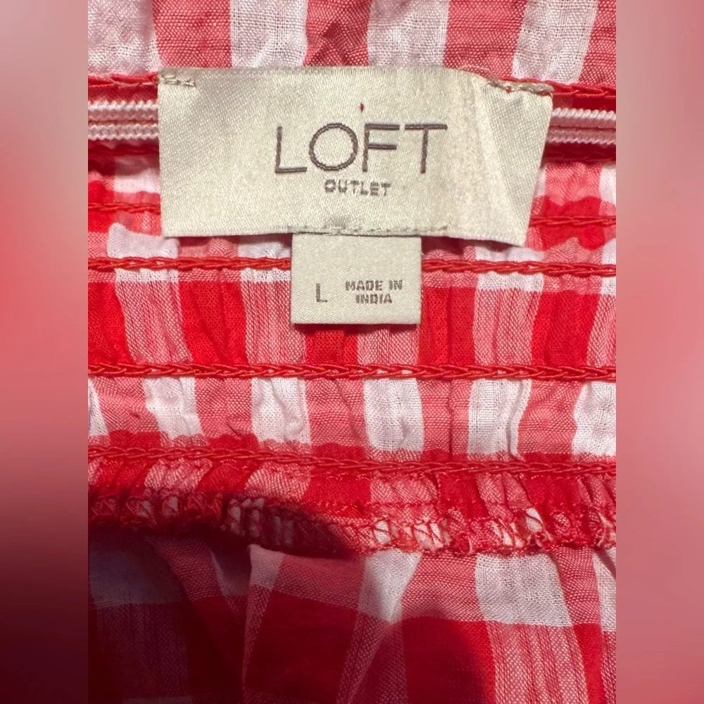 LOFT Red and White Gingham Off-Shoulder Blouse